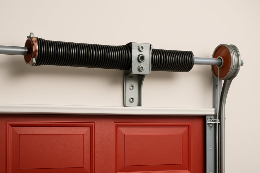 Product shot of a torsion spring on its shaft above a closed garage door, for the article Broken garage door spring repair, replacement and installation in Enterprise.