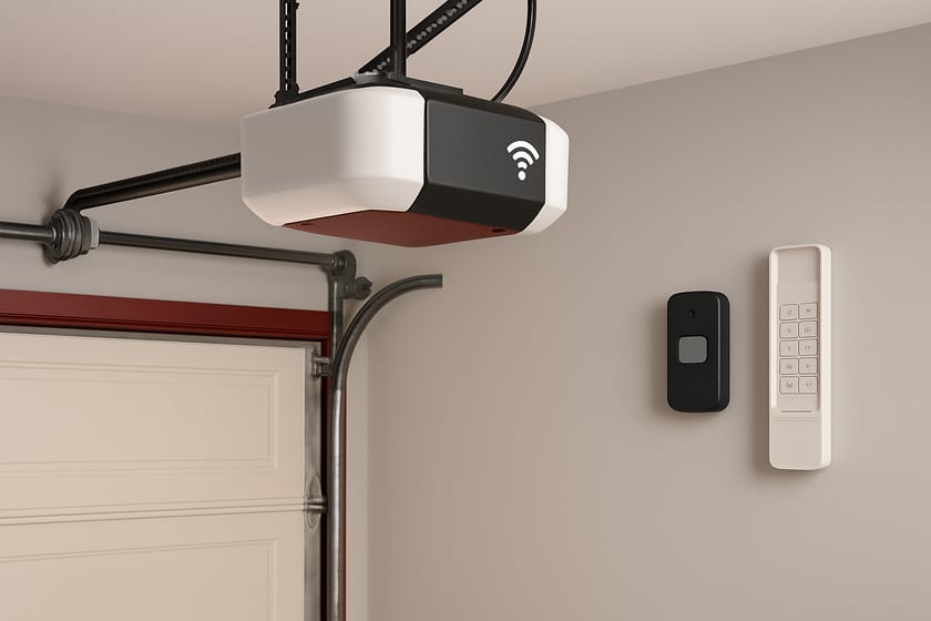 Product shot of a wifi garage door opener with a remote and wireless keypad, for the article What to Expect During a Free Garage Door Inspection for Smart Opener Issues, Step by Step.