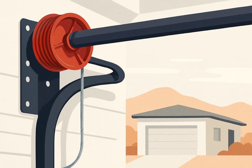 Illustration of a lift cable wound onto its drum beside the torsion shaft, for the article Garage Door Cable Repair for Las Vegas Landlords and Rental Homes.