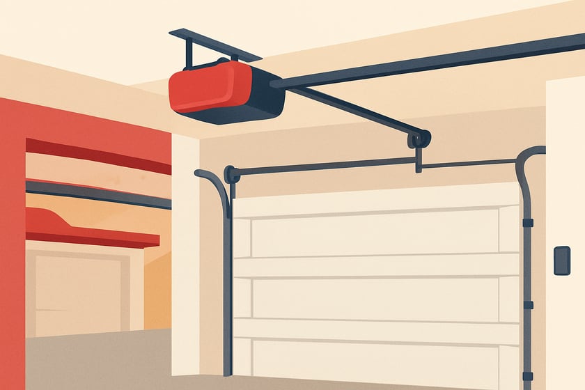 Illustration of a belt drive garage door opener mounted above a closed door, for the article What drives the price of garage door opener installation in Las Vegas, and what a written price should list.