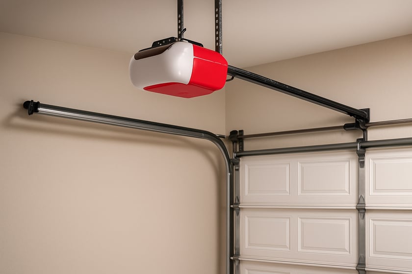 Product shot of a belt drive garage door opener mounted above a closed door, for the article What drives the price of garage door opener installation in Las Vegas, and what a written price should list.