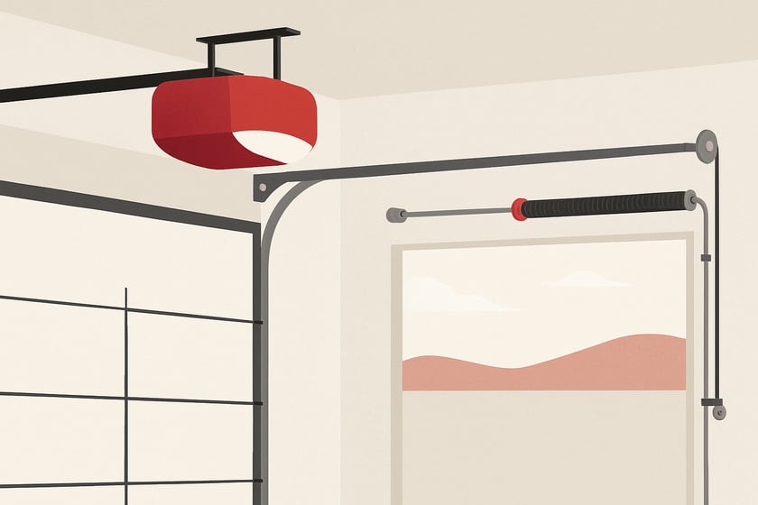 Illustration of a belt drive garage door opener mounted above a closed door, for the article What drives the price of garage door opener installation in Las Vegas, and what a written price should list.