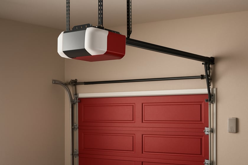 Product shot of a belt drive garage door opener mounted above a closed door, for the article What drives the price of garage door opener installation in Las Vegas and what a written price should list.