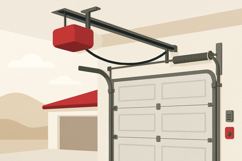 Illustration of a belt drive garage door opener mounted above a closed door, for the article Garage door opener installation for aging-in-place households in Las Vegas.