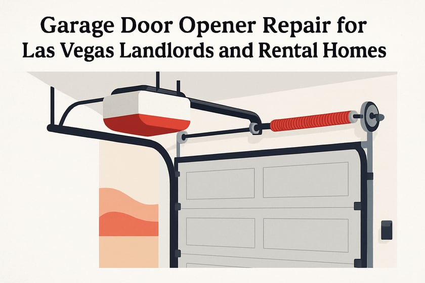 Illustration of a ceiling mounted garage door opener with its rail and trolley, for the article Garage Door Opener Repair for Las Vegas Landlords and Rental Homes.
