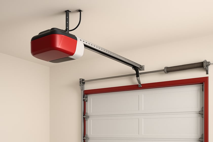 Product shot of a ceiling mounted garage door opener with its rail and trolley, for the article What results should you actually expect from garage door opener repair, and what will it not fix?