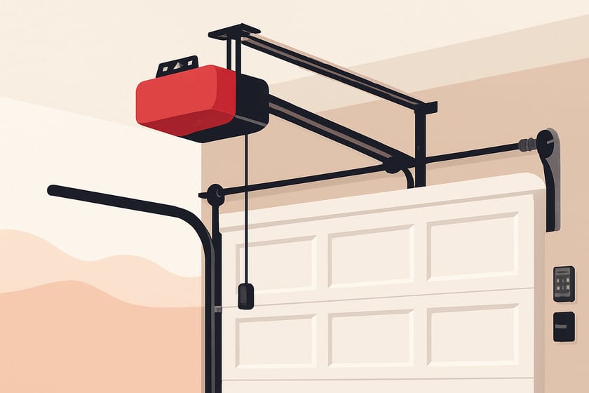 Illustration of a ceiling mounted garage door opener with its rail and trolley, for the article What Results Should You Actually Expect From Garage Door Opener Repair, And What Will It Not Fix?