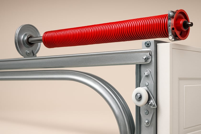 Product shot of garage door rollers, hinges and a spring along the track, for the article Doing a garage door tune up yourself vs hiring a licensed garage door company: what changes and where the line is.