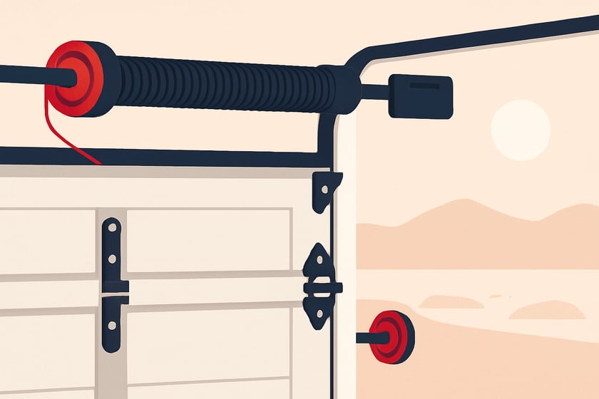 Illustration of garage door rollers, hinges and a spring along the track, for the article Doing a garage door tune-up yourself vs hiring a licensed garage door company: what changes and where the line is.