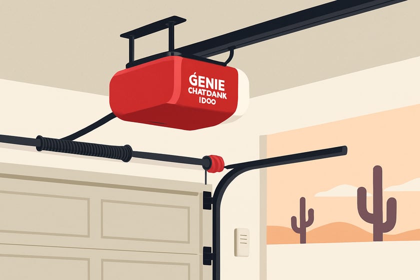 Illustration of a ceiling mounted garage door opener with its rail and trolley, for the article Genie ChainMax 1000 garage door opener repair and replacement in Las Vegas homes.
