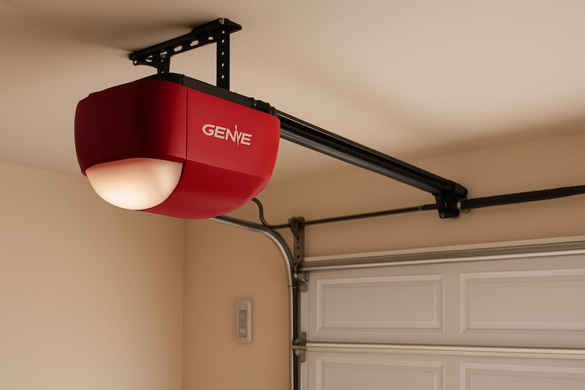 Product shot of a ceiling mounted garage door opener with its rail and trolley, for the article Genie garage door opener repair and replacement in Las Vegas homes.