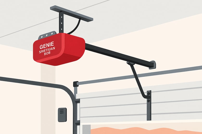 Illustration of a ceiling mounted garage door opener with its rail and trolley, for the article Genie SilentMax 1200 garage door opener repair and replacement in Las Vegas.