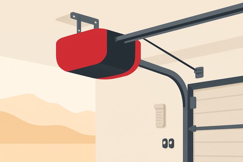 Illustration of a ceiling mounted garage door opener with its rail and trolley, for the article Genie StealthDrive Connect 7155-TKV garage door opener repair and replacement in Las Vegas.