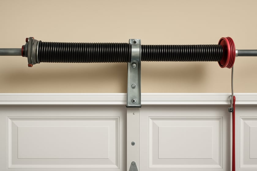 Product shot of a torsion spring on its shaft above a closed garage door, for the article Broken garage door spring repair, replacement and installation in Green Valley.