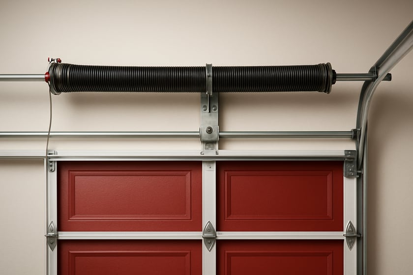 Product shot of a torsion spring on its shaft above a closed garage door, for the article Broken garage door spring repair, replacement and installation in Green Valley Ranch.