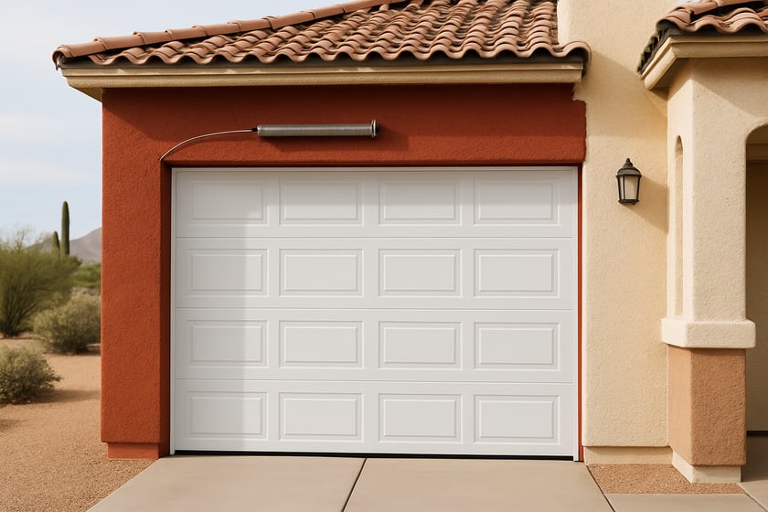 Product shot of a house exterior with a new closed sectional garage door, for the article Haas Door garage doors in Las Vegas: springs, repair and replacement.