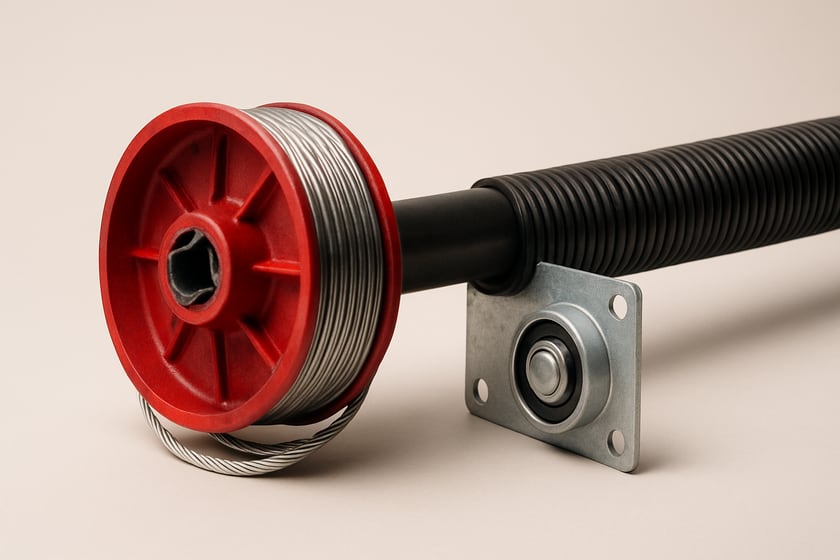 Product shot of a lift cable wound onto its drum beside the torsion shaft, for the article The hidden cost of the cheapest garage door cable repair in Las Vegas.