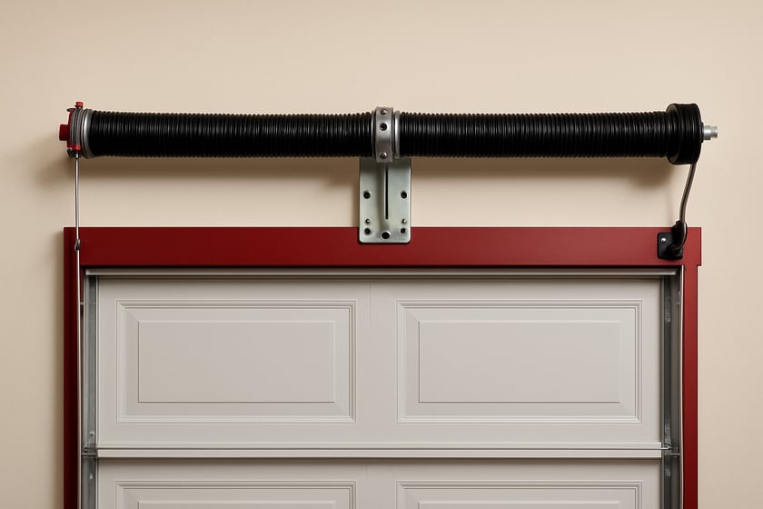 Product shot of a torsion spring on its shaft above a closed garage door, for the article The hidden cost of the cheapest garage door spring repair in Las Vegas.