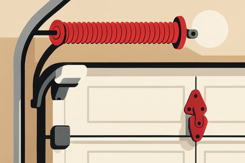 Illustration of garage door rollers, hinges and a spring along the track, for the article The hidden cost of the cheapest garage door tune up in Las Vegas.