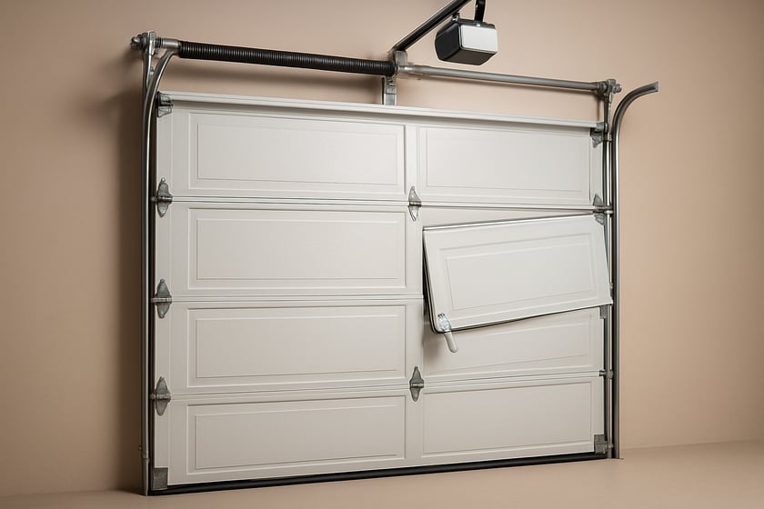 Product shot of a sectional garage door with a roller out of its track, for the article The hidden cost of the cheapest garage door off-track repair.