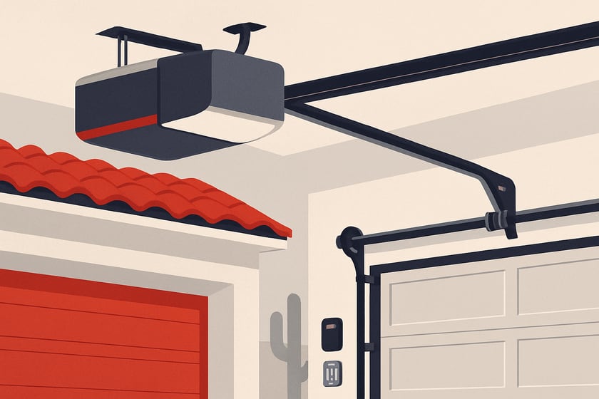 Illustration of a ceiling mounted garage door opener with its rail and trolley, for the article Hormann garage door opener repair and replacement in Las Vegas homes.