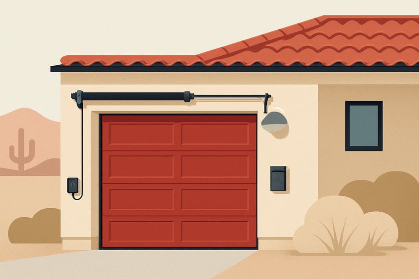 Illustration of a house exterior with a new closed sectional garage door, for the article Hormann doors garage doors in Las Vegas: springs, repair and replacement.