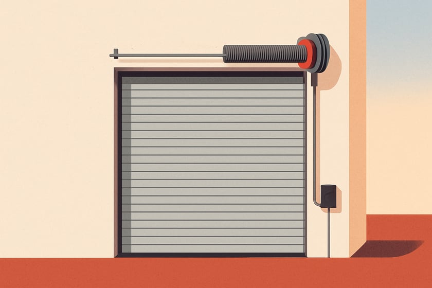 Illustration of a closed commercial steel roll up door against a plain wall, for the article How Long Does Commercial Garage Door Repair Take, From The Call To A Working Door?