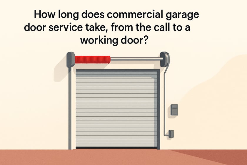 Illustration of a closed commercial steel roll up door against a plain wall, for the article How long does commercial garage door service take, from the call to a working door?
