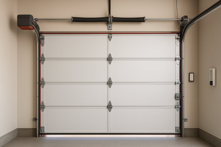 Product shot of a sectional garage door with its spring, cables and rollers, for the article How long does garage door repair take, from the call to a working door?