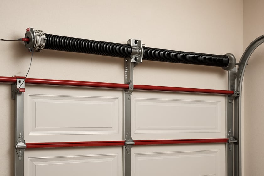 Product shot of a torsion spring on its shaft above a closed garage door, for the article How Long Does Garage Door Spring Repair Take From The Call To A Working Door?