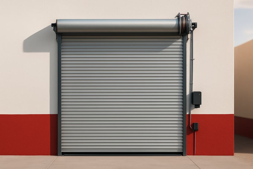 Product shot of a closed commercial steel roll up door against a plain wall, for the article How long does a new commercial garage door install take, from the call to a working door?