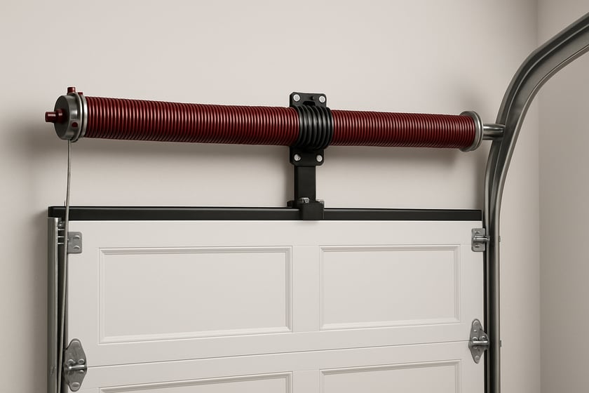 Product shot of a torsion spring on its shaft above a closed garage door, for the article Broken garage door spring repair, replacement and installation in Inspirada.