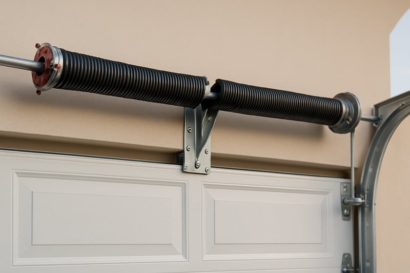 Product shot of a torsion spring on its shaft above a closed garage door, for the article Broken garage door spring repair, replacement and installation in Lake Las Vegas.