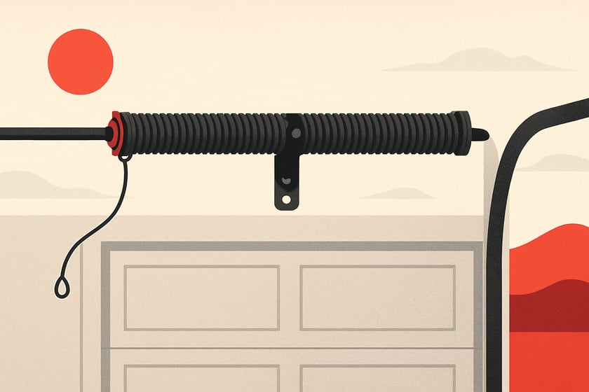 Illustration of a torsion spring on its shaft above a closed garage door, for the article July 11 Las Vegas 110-degree heat: what that does to garage door springs and what to book.