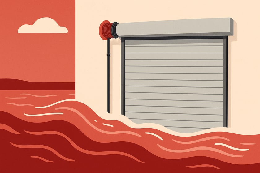 Illustration of a closed commercial steel roll up door against a plain wall, for the article Monsoon flooding turns Las Vegas parking garage into a river: what wind and water do to commercial doors, and the checks that.