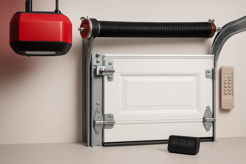 Product shot of garage door rollers, hinges and a spring along the track, for the article August 29 Las Vegas heat tops 105: what that does to a garage door and opener, and what to book.