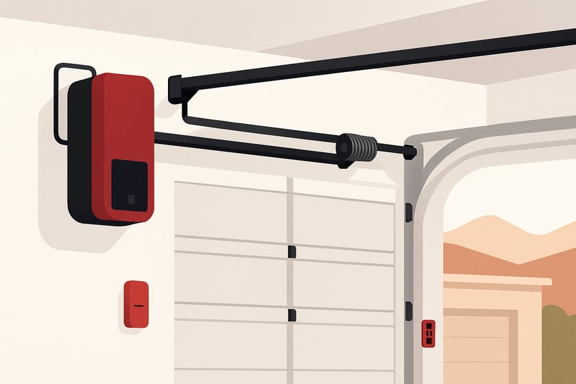 Illustration of a ceiling mounted garage door opener with its rail and trolley, for the article LiftMaster 8500W garage door opener repair and replacement in Las Vegas homes.