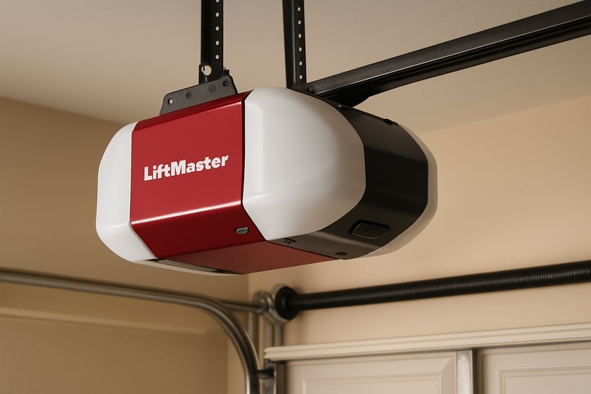Product shot of a ceiling mounted garage door opener with its rail and trolley, for the article LiftMaster 8550W garage door opener repair and replacement in Las Vegas.