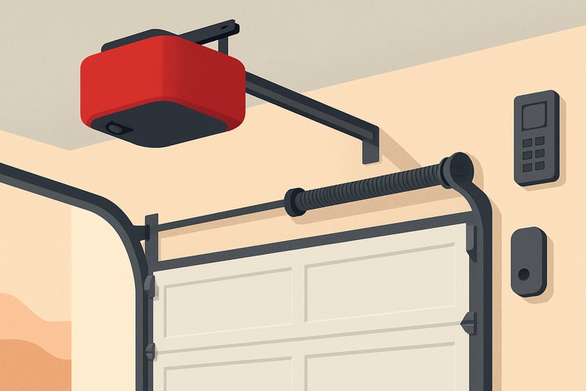 Illustration of a ceiling mounted garage door opener with its rail and trolley, for the article LiftMaster 87504-267 garage door opener repair and replacement in Las Vegas homes.