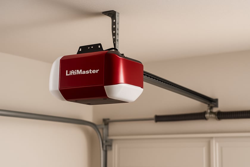 Product shot of a ceiling mounted garage door opener with its rail and trolley, for the article LiftMaster garage door opener repair and replacement in Las Vegas homes.