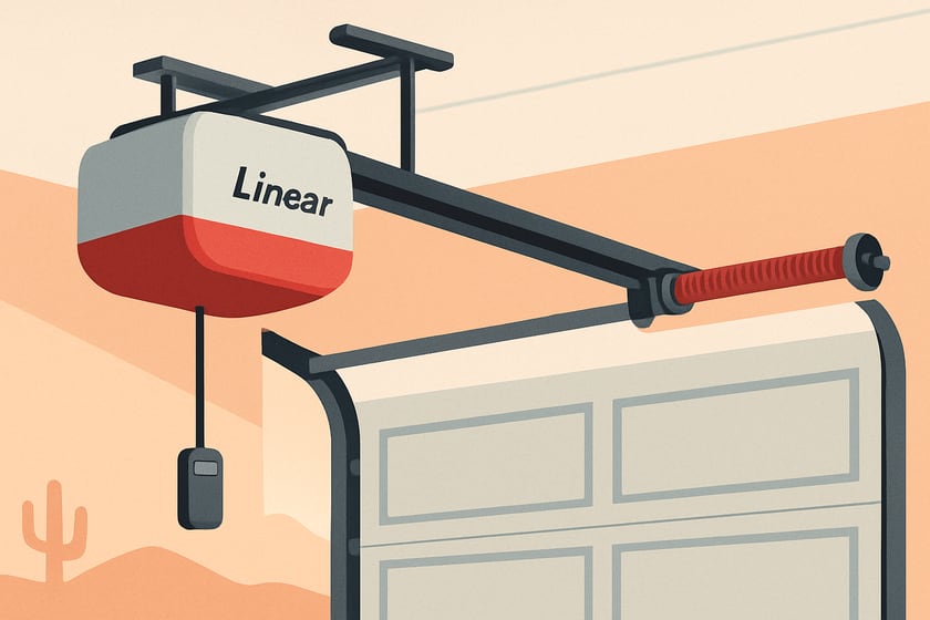 Illustration of a ceiling mounted garage door opener with its rail and trolley, for the article Linear garage door opener repair and replacement in Las Vegas homes.