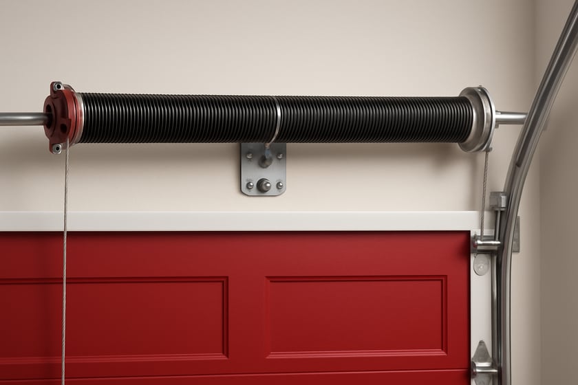 Product shot of a torsion spring on its shaft above a closed garage door, for the article Broken garage door spring repair, replacement and installation in Lone Mountain.