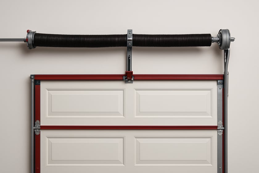 Product shot of a torsion spring on its shaft above a closed garage door, for the article Broken garage door spring repair, replacement and installation in MacDonald Ranch.