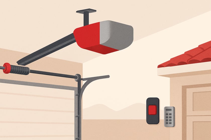 Illustration of a ceiling mounted garage door opener with its rail and trolley, for the article Marantec garage door opener repair and replacement in Las Vegas homes.