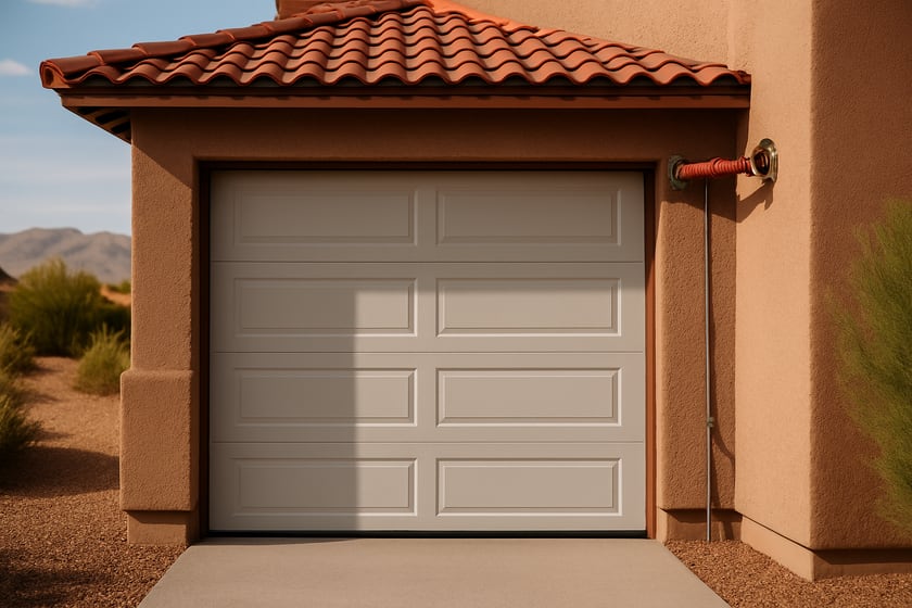 Product shot of a house exterior with a new closed sectional garage door, for the article Martin Door garage doors in Las Vegas: springs, repair and replacement.