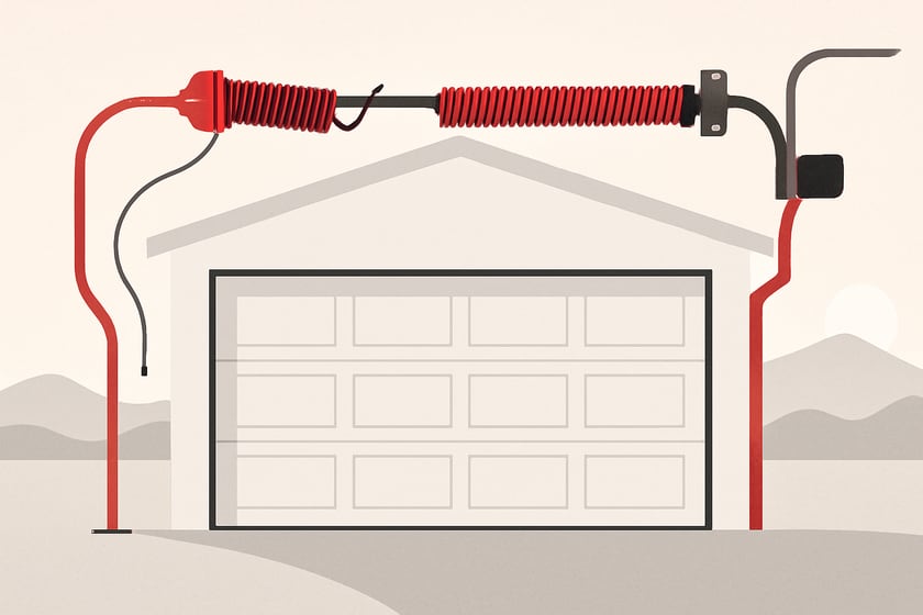 Illustration of a torsion spring on its shaft above a closed garage door, for the article Broken garage door spring repair, replacement and installation in Mountain's Edge.