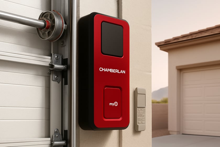 Product shot of a closed sectional garage door and its hardware, for the article myQ integrations stay limited in 2026: what it means before you add smart control to an RV garage door opener.