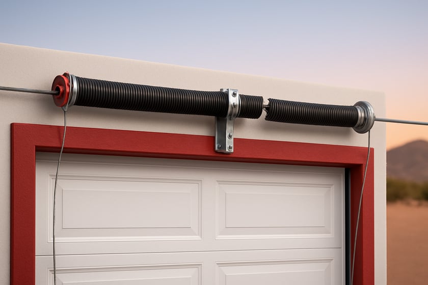 Product shot of a torsion spring on its shaft above a closed garage door, for the article Broken garage door spring repair, replacement and installation in North Las Vegas.