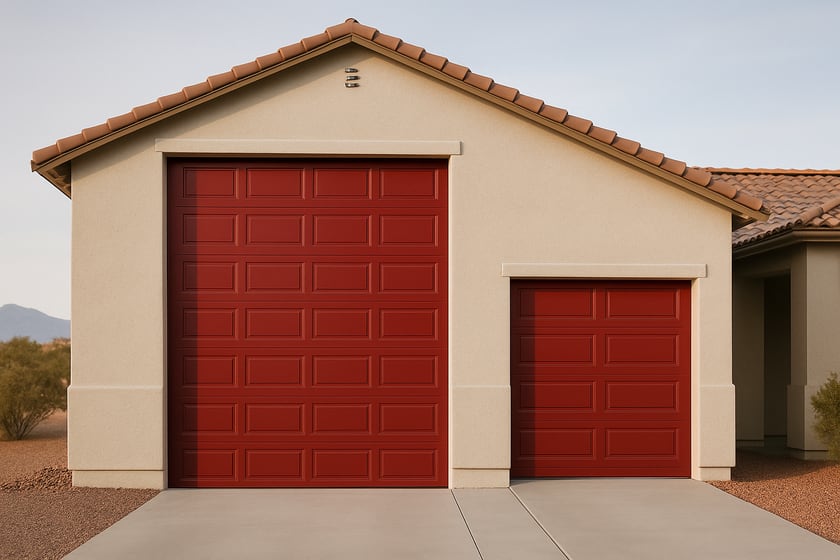 Product shot of a closed sectional garage door and its hardware, for the article NSCB disciplinary search tool updated after August decision: what a Las Vegas homeowner should check before an RV garage door job.
