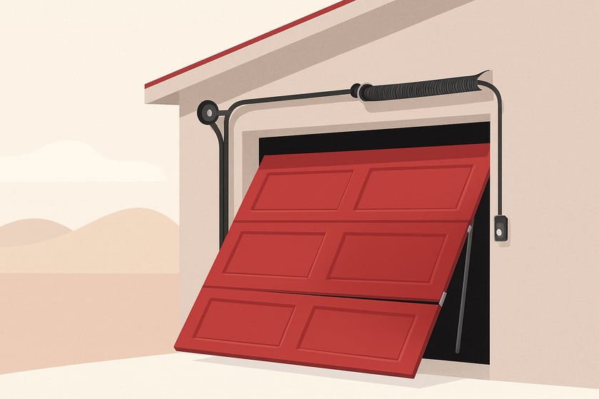 Illustration of a sectional garage door with a roller out of its track, for the article After the Oct. 11 Storm Rachel outages in Las Vegas: using the manual release safely and what to check when power returns.